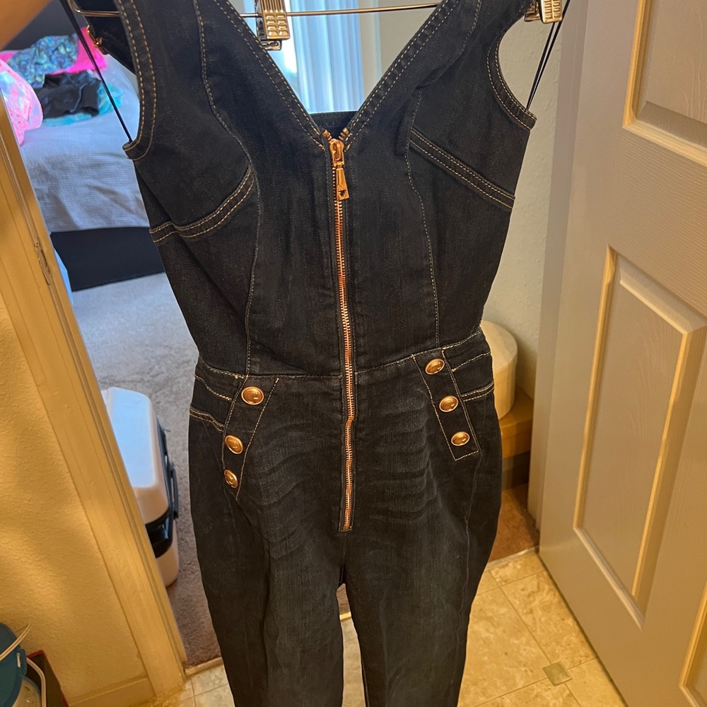 Guess Dark Blue Denim Jumpsuit with Gold Zipper